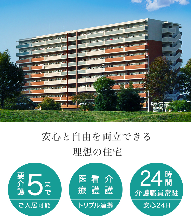 安心の体制＆良質な住環境 安心と自由を両立できる理想の住宅 要介護5までご入居可能 医療・看護・介護 トリプル連携 24時間介護職員常駐 安心24H